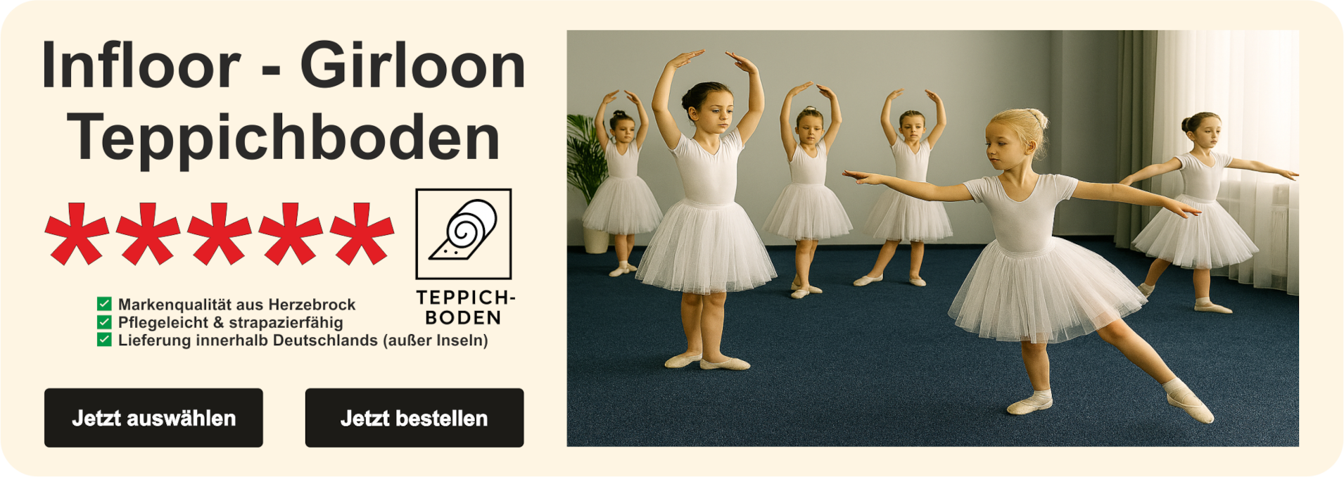 „Kategoriebild für Infloor-Girloon Teppichboden: mit tanzenden Ballerinas
